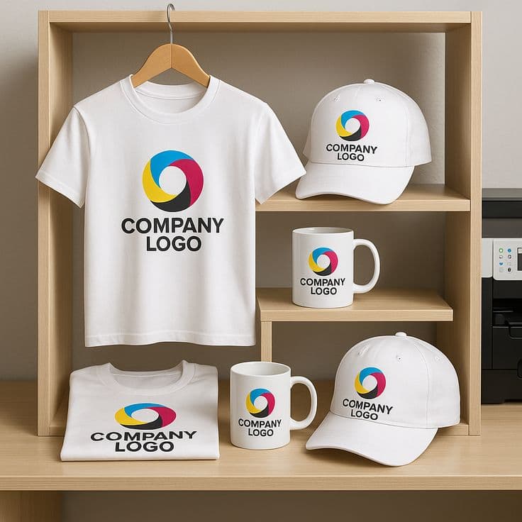 Branded promotional products displaying a company identity.
