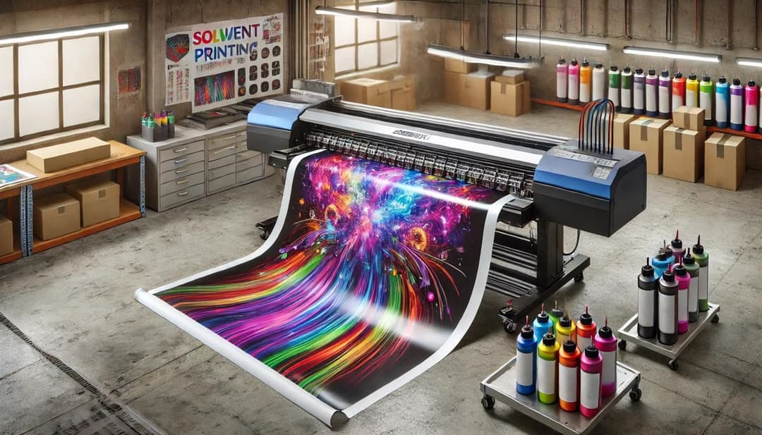 A wide-format printer producing colorful prints in a print studio.