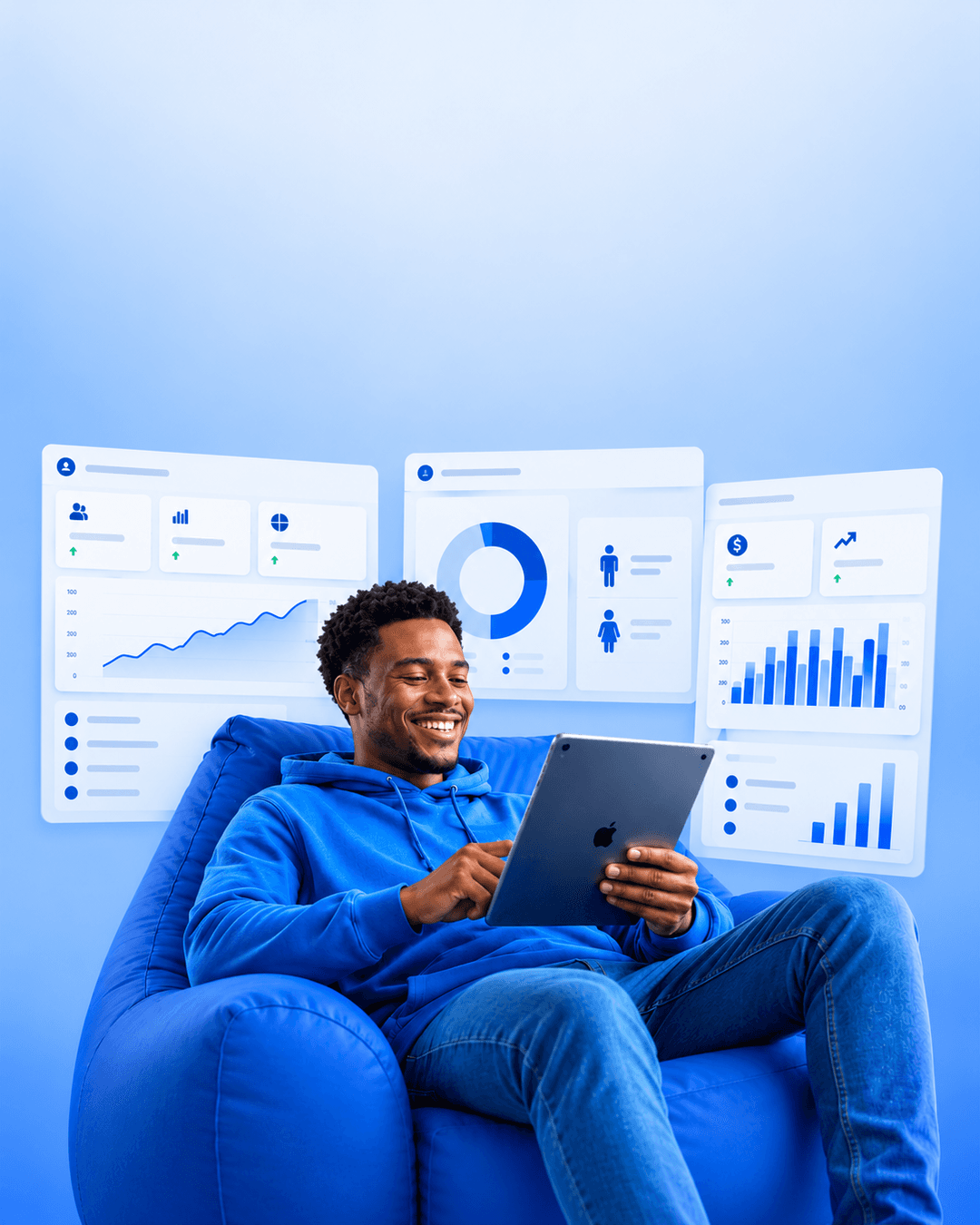 A professional working with floating analytics dashboards.
